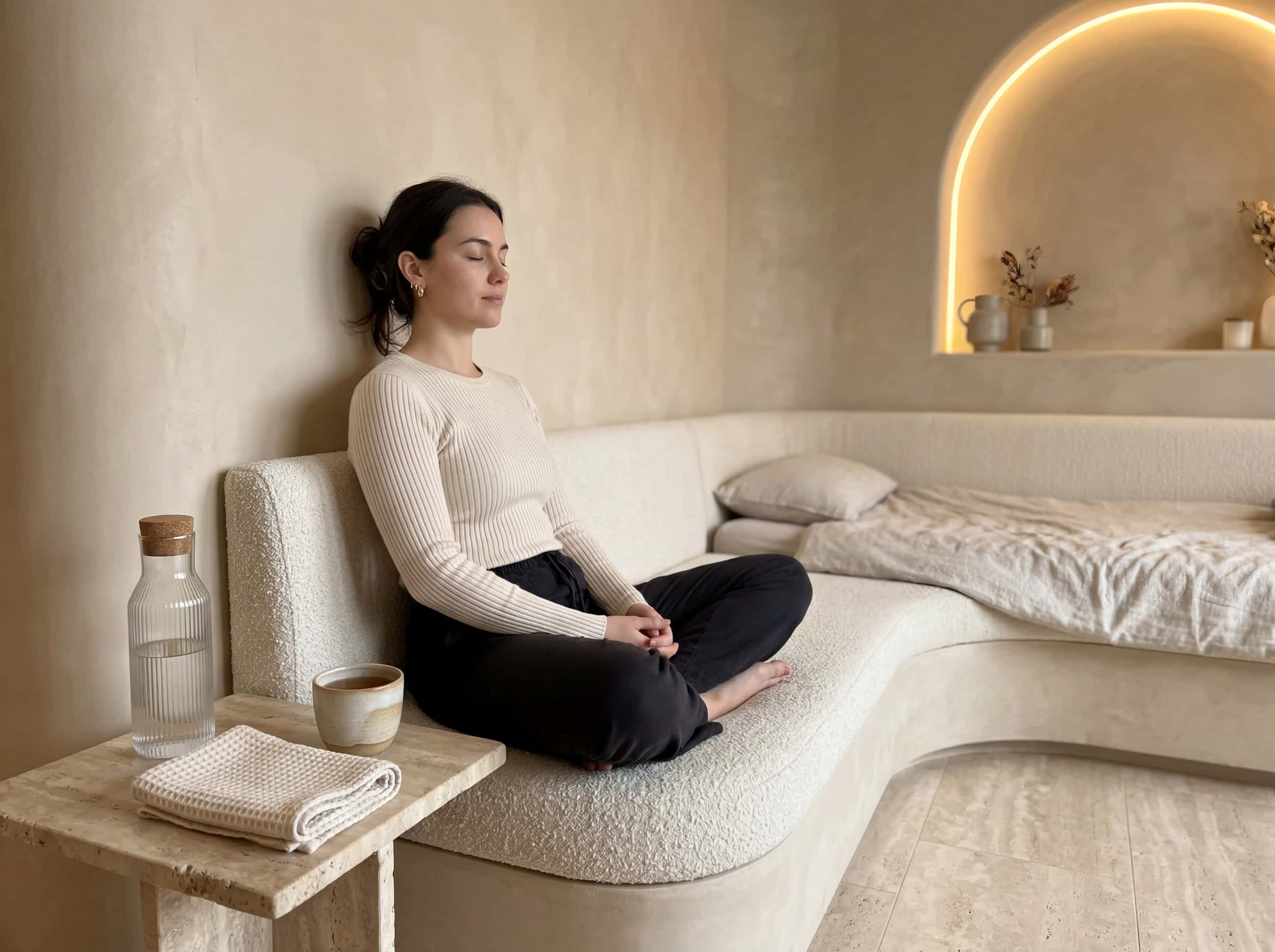 Person in breathwork decompression on microcement daybed
