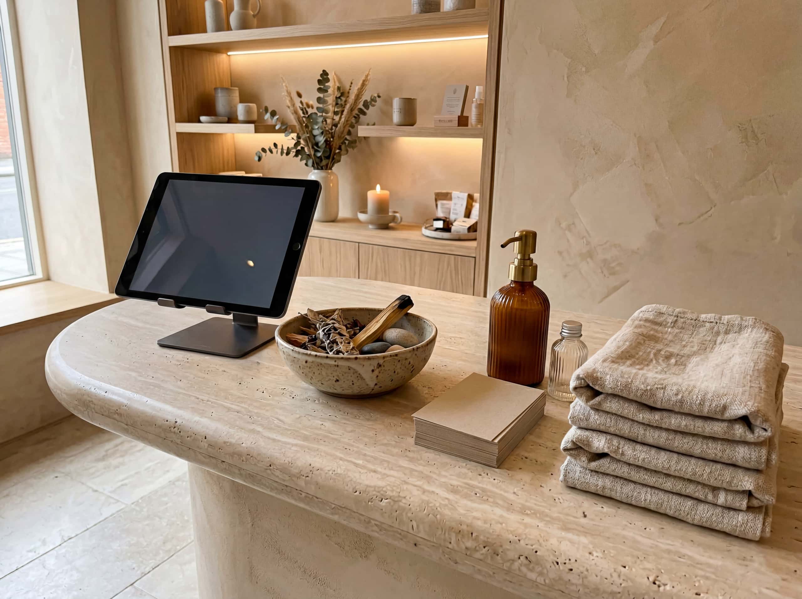 Check-in counter with travertine edge and ceramic bowl