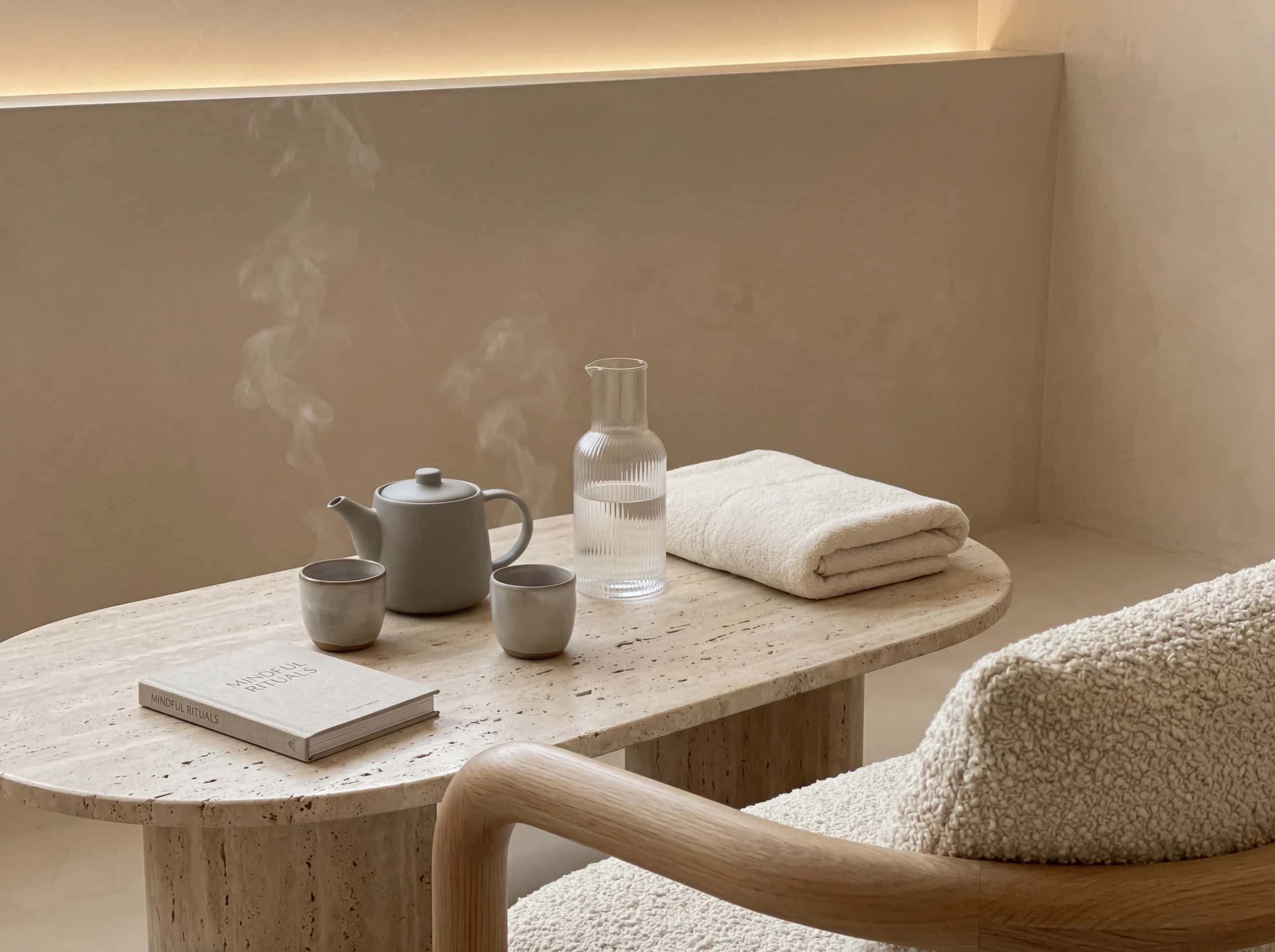 Ceramic teapot and cups on travertine table