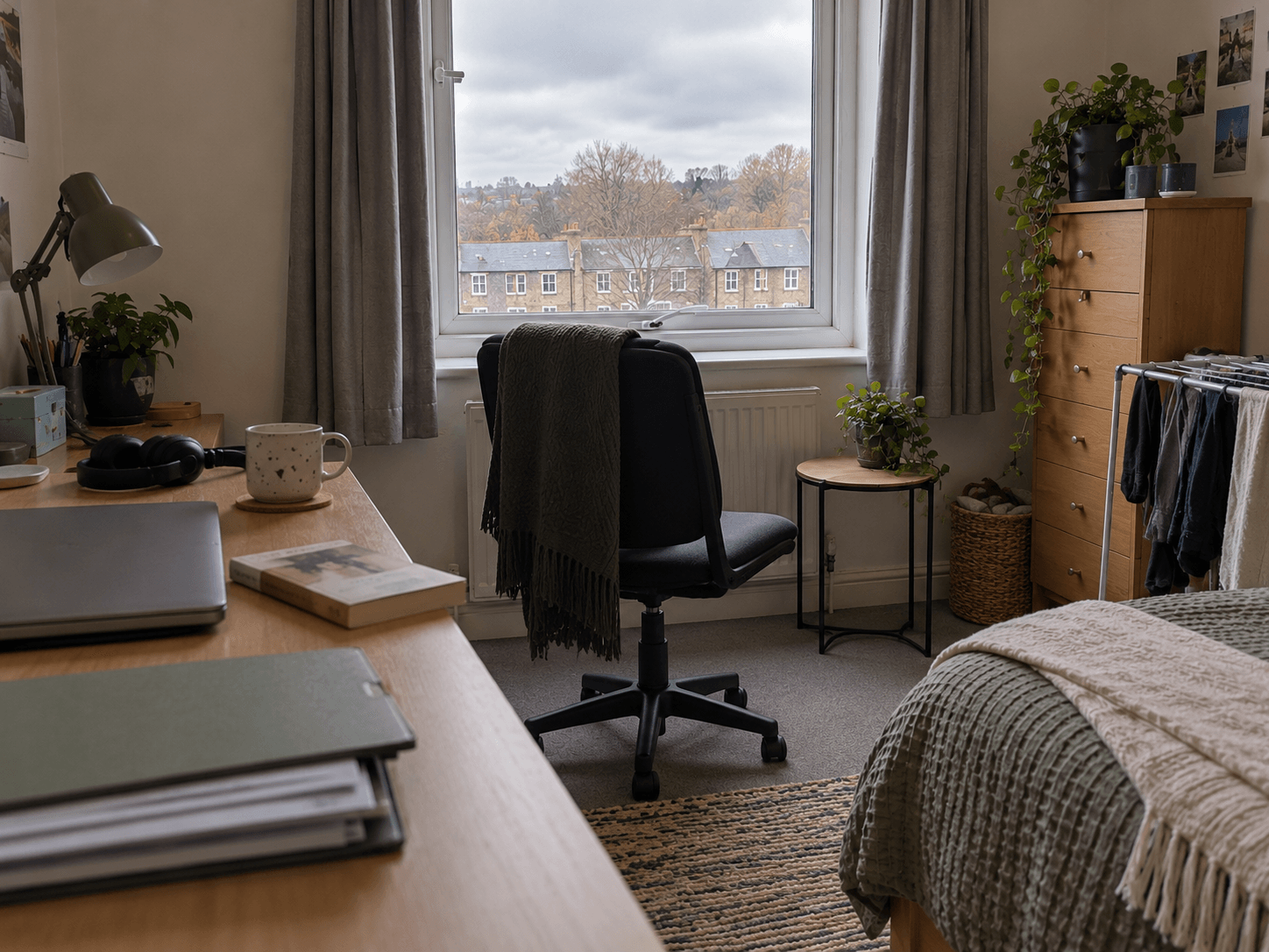 A swivel chair turned away from a closed laptop towards the window in a compact bedroom.