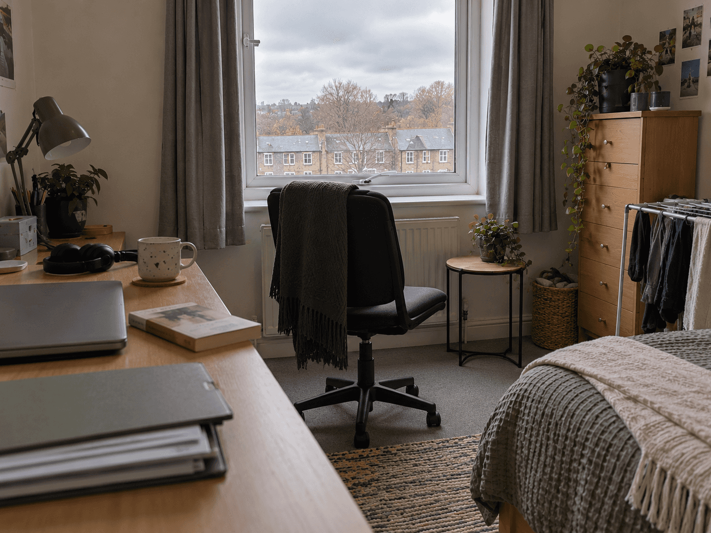 A swivel chair turned away from a closed laptop towards the window in a compact bedroom.