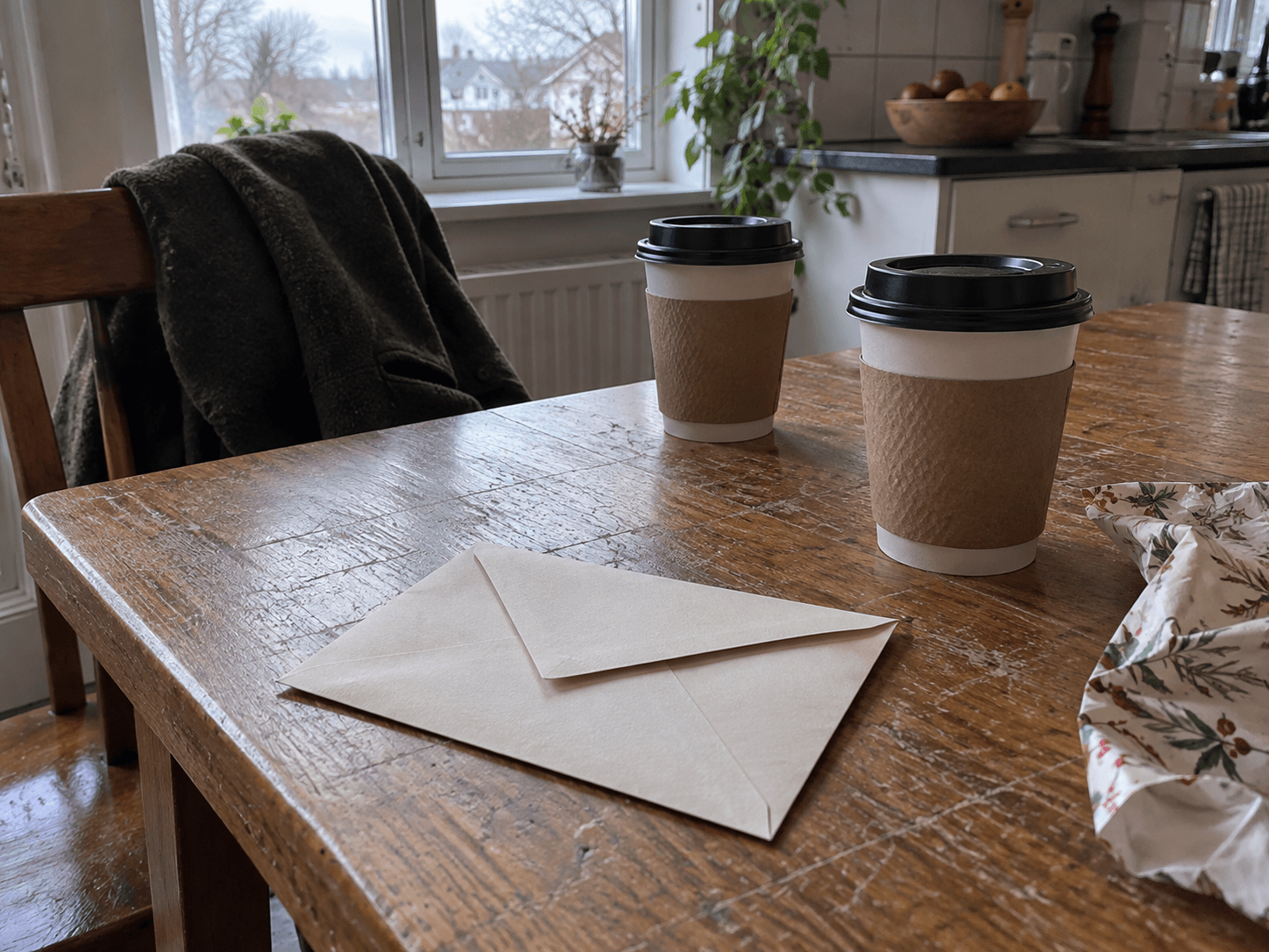 A plain envelope on a kitchen table beside two cups.
