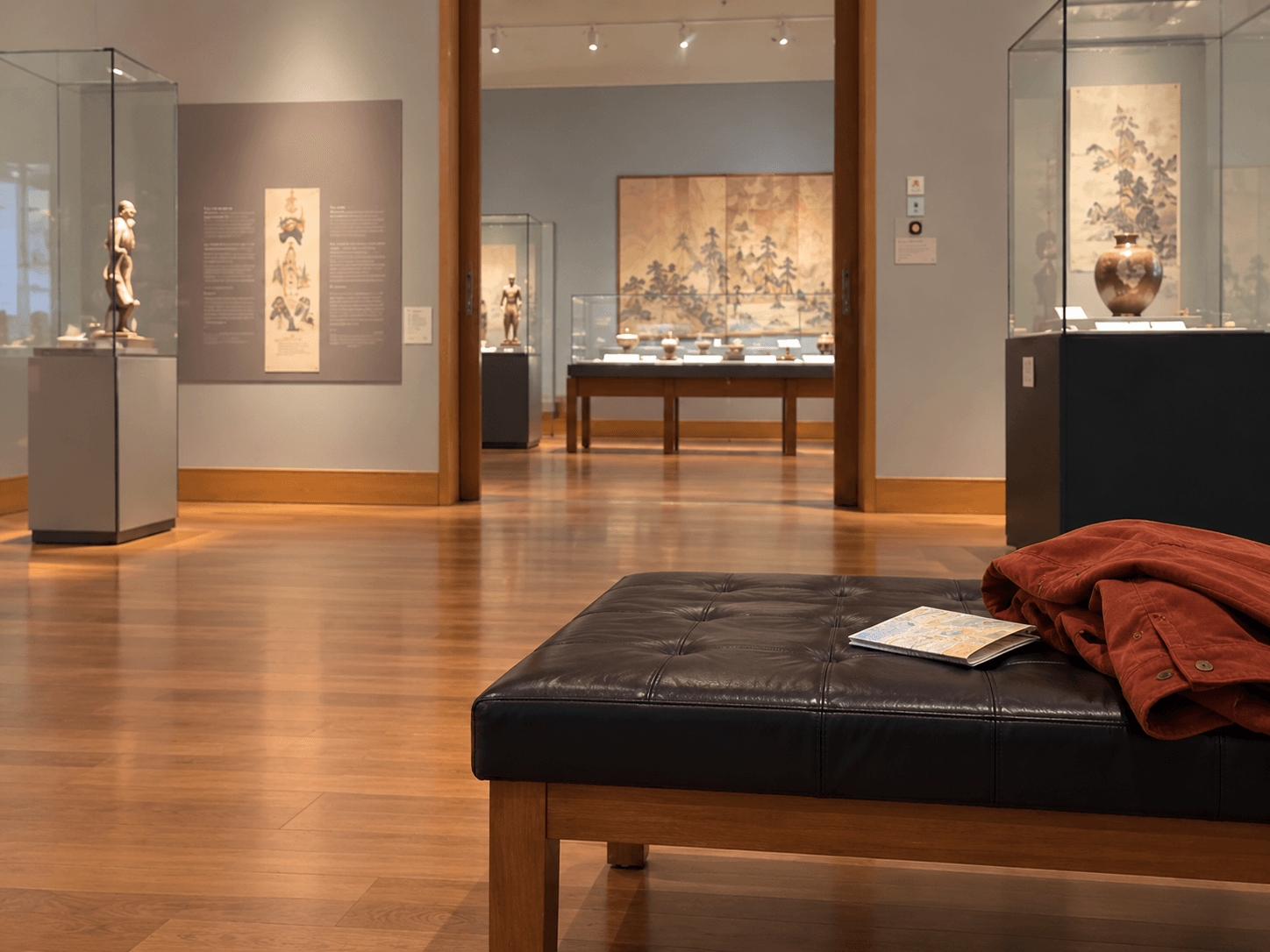 A museum bench beside a gallery doorway, with a visitor's folded jacket and paper map on the seat.