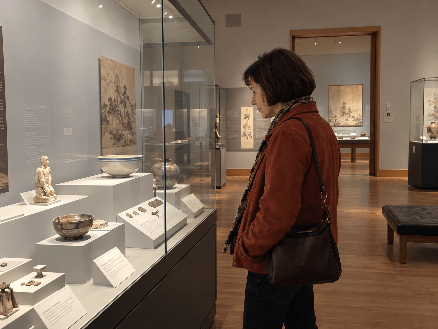 An adult visitor in a rust-coloured jacket looking closely at a ceramic bowl in a quiet museum display case.