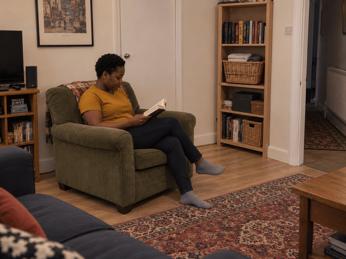 The same woman reading in the recovered armchair, with the laundry basket returned to its shelf and a clear route through the room.