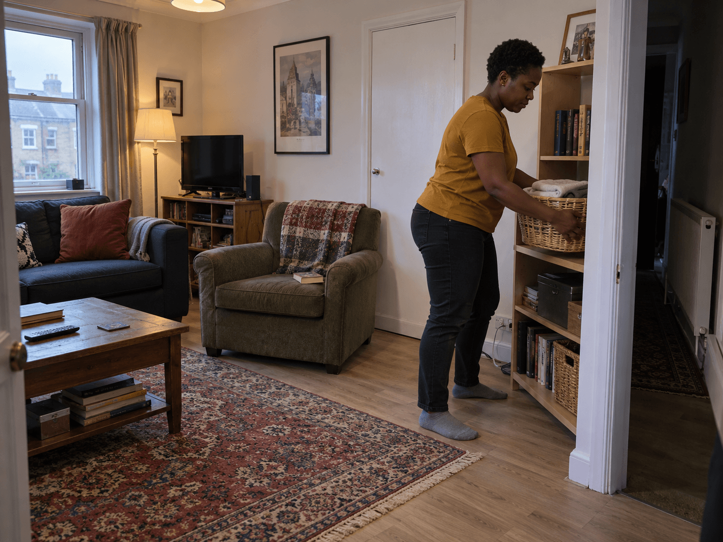 A person moving a laundry basket from an armchair to a shelf beside it in a small living room.