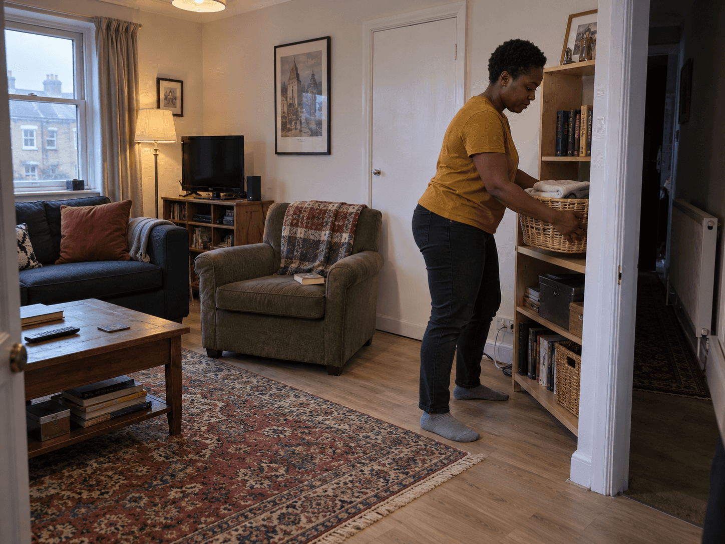 A person moving a laundry basket from an armchair to a shelf beside it in a small living room.