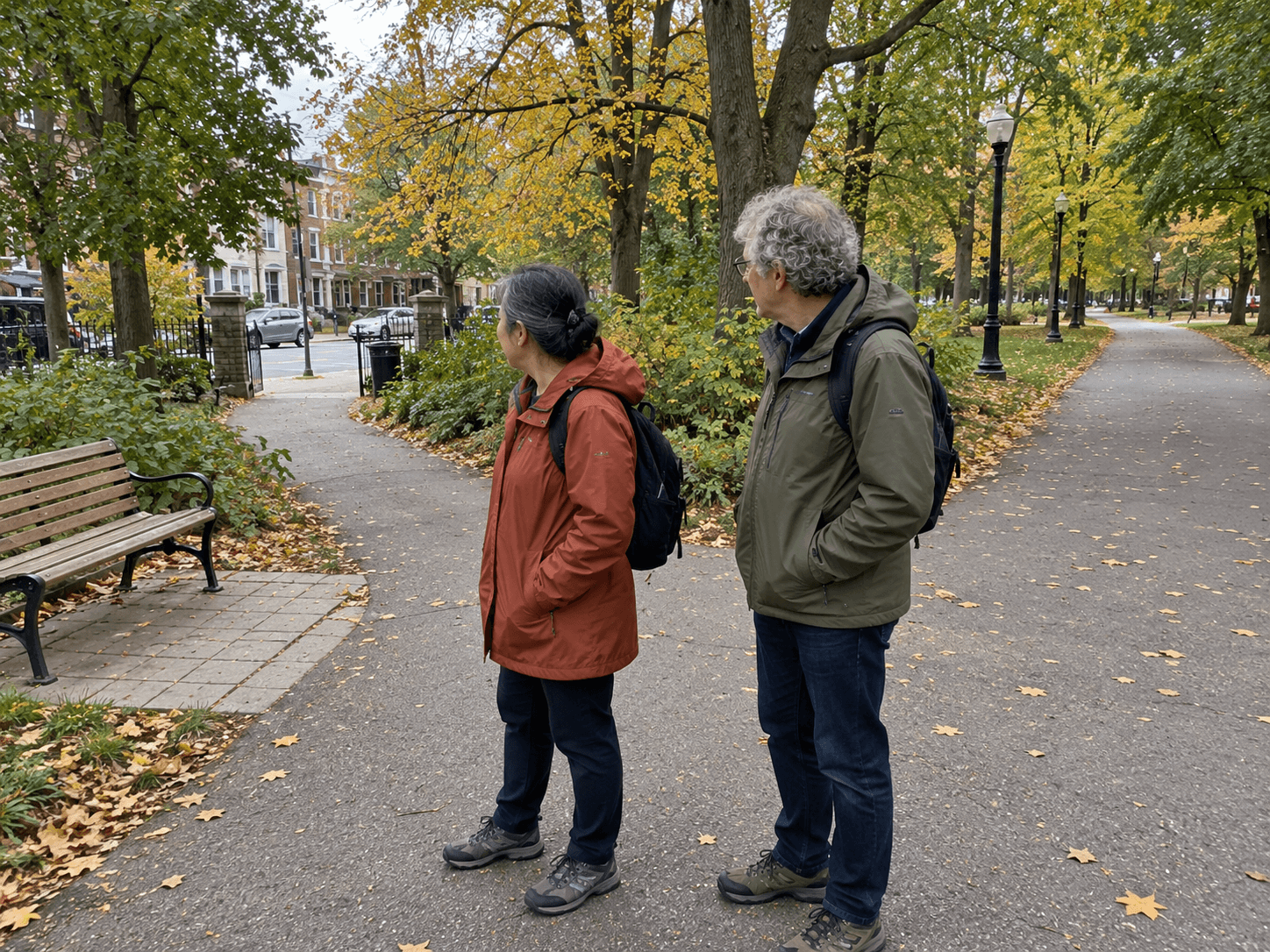 Two adults looking along a paved park path that branches toward a bench and a street entrance, on an overcast afternoon.