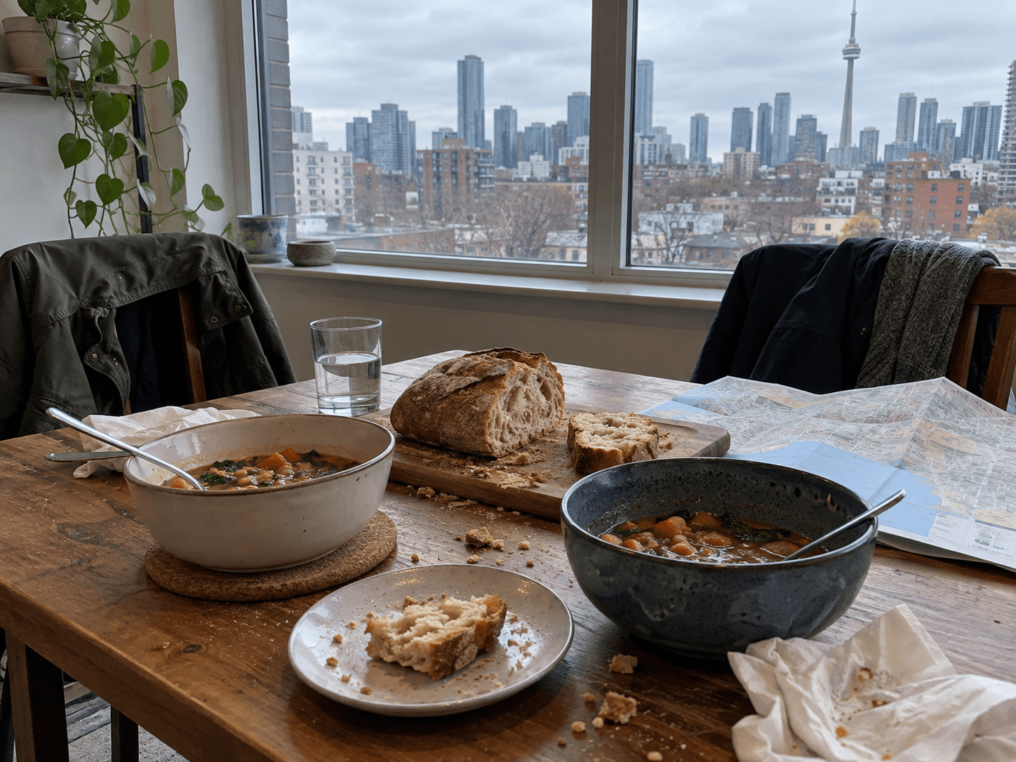 Two bowls of soup and bread on an apartment table beside a folded map.