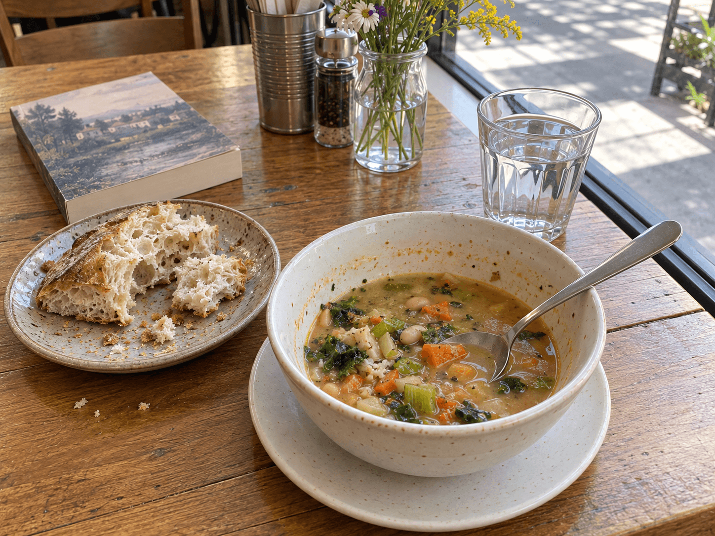 A partly eaten bowl of vegetable soup and torn bread on a small cafe table beside a closed paperback.