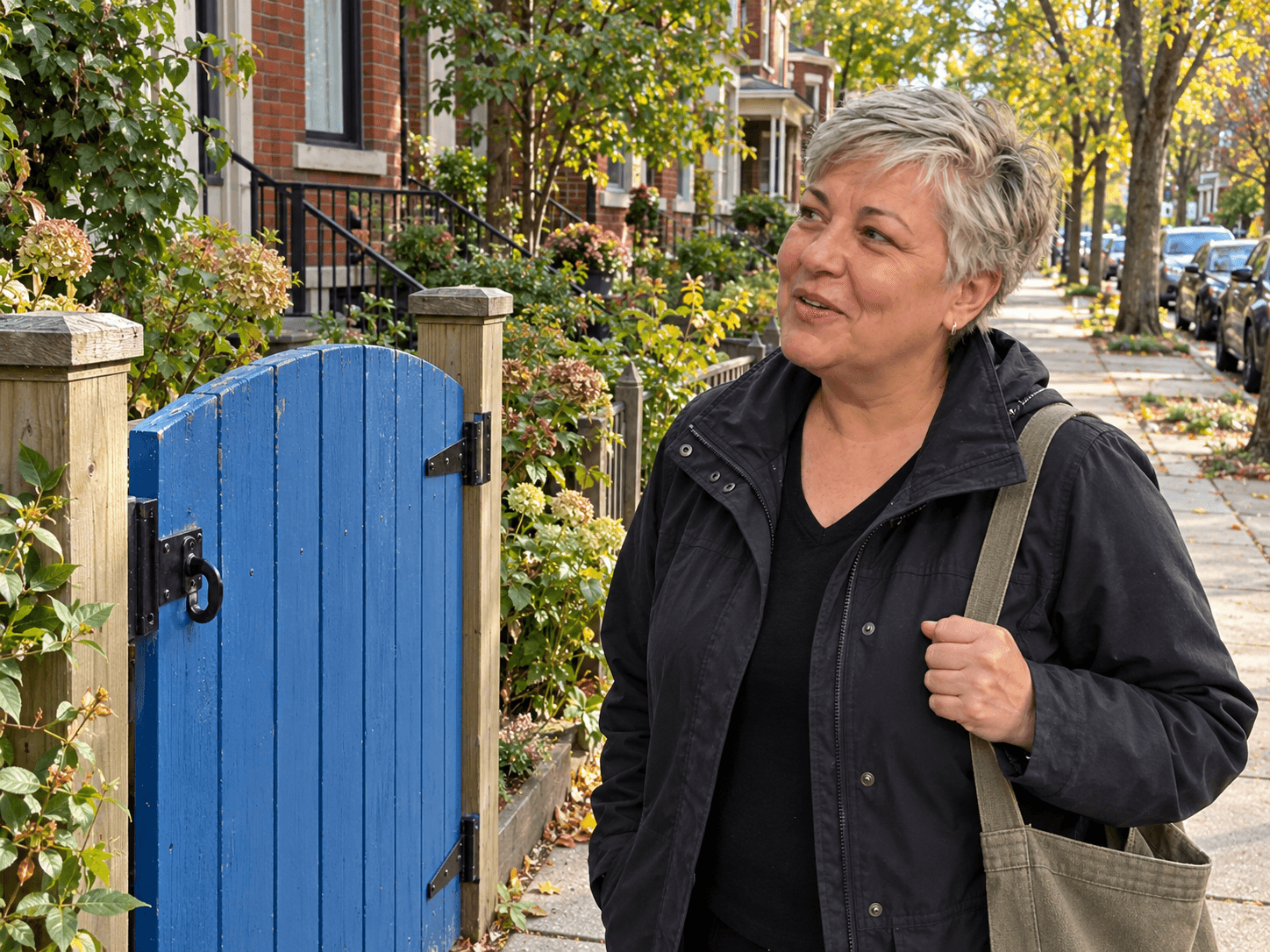 Bea looking at a blue garden gate on a familiar Toronto residential street, with an ordinary canvas bag over her shoulder.