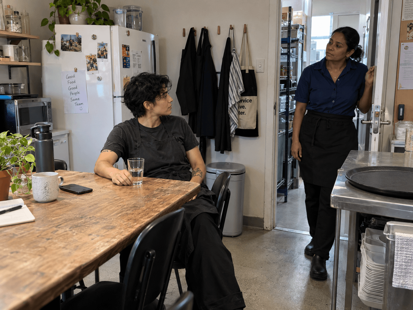 Jules, a restaurant worker with short dark hair and a charcoal apron, seated briefly at a staff table while a colleague in a blue work shirt listens from the doorway.