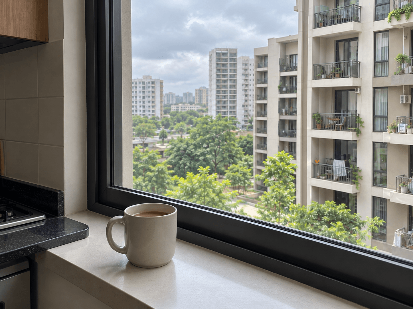 A mug on a kitchen windowsill with a view of neighbouring balconies, away from the work desk.