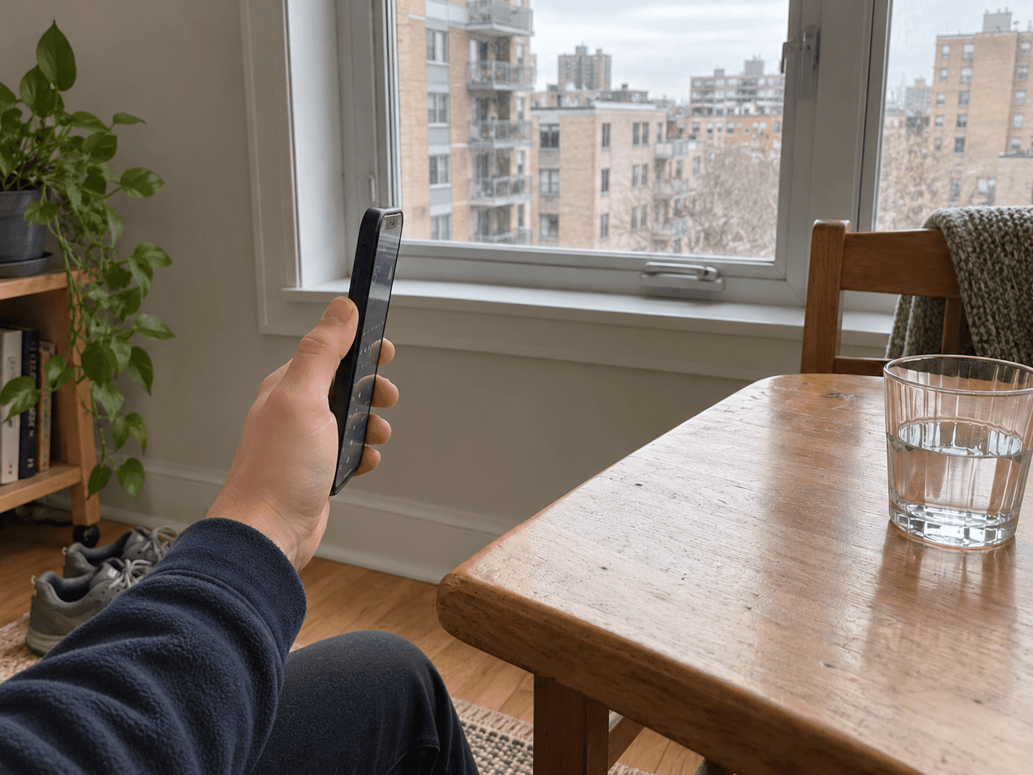 A person checking a phone beside an apartment window, photographed from the side without a readable weather value.