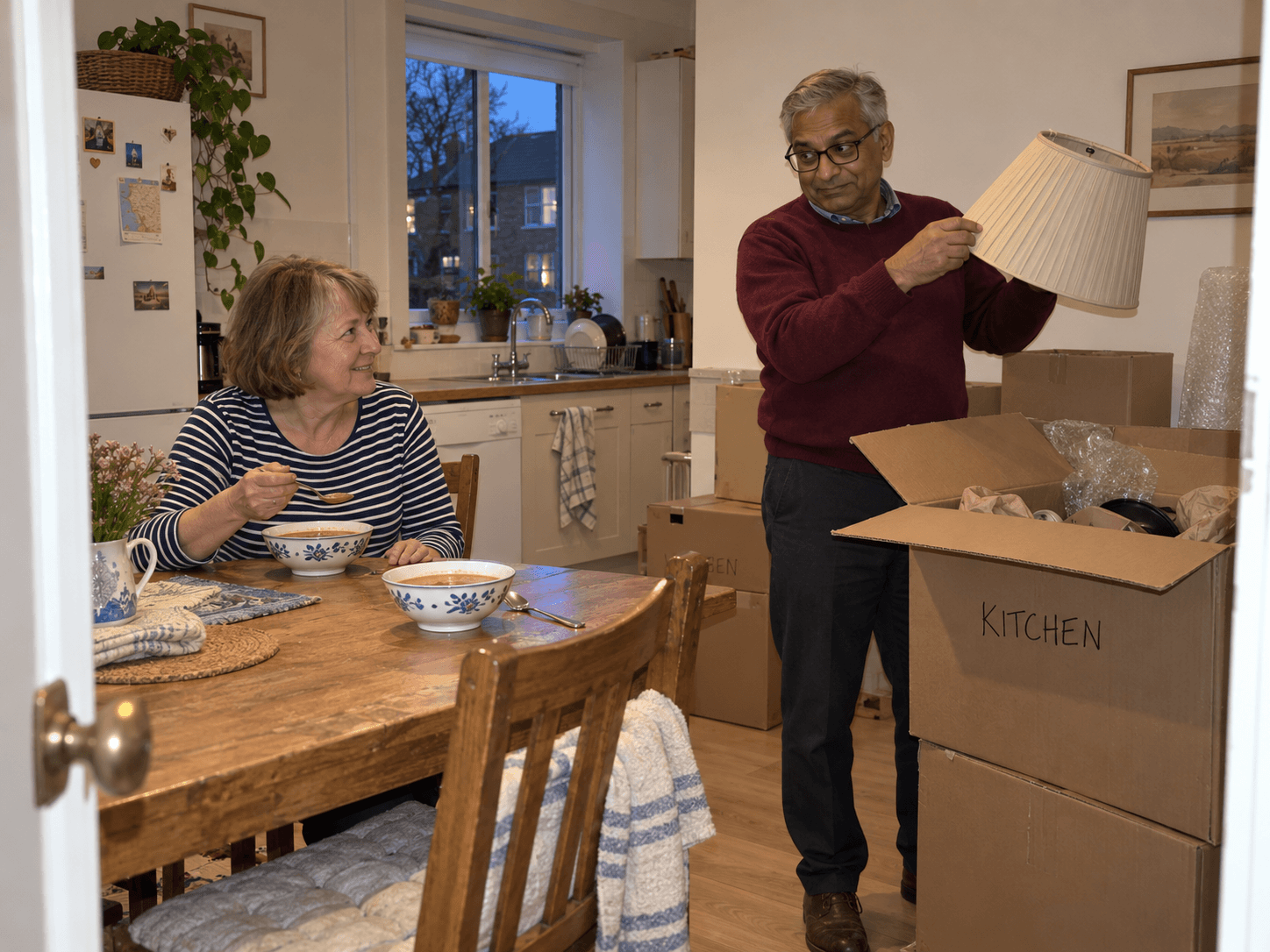 Harriet eating soup in her new flat while Dev holds up the lampshade he found in a moving box marked KITCHEN.