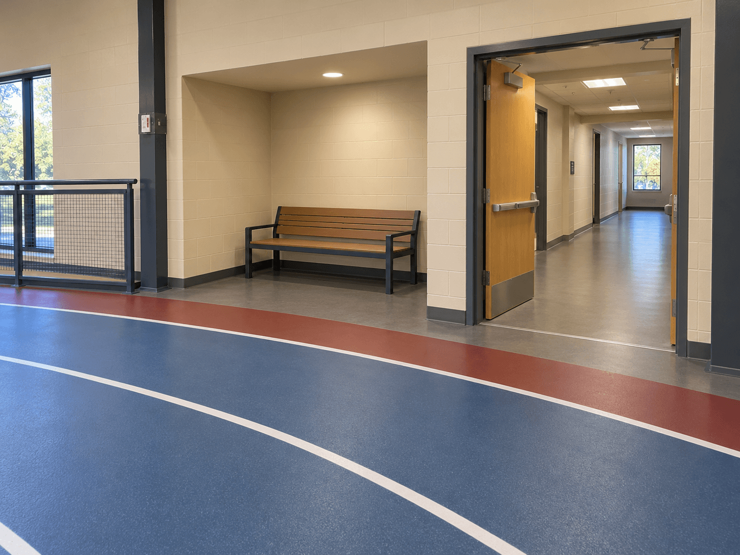 A bench in a recess off the walking lanes beside the doorway back to the recreation-centre corridor.
