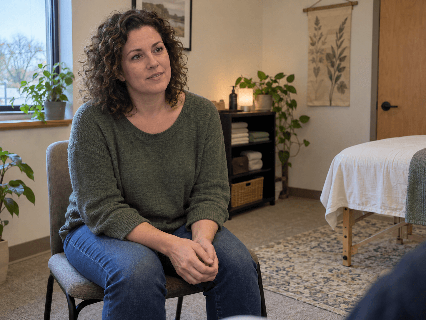 A woman seated for a conversation in a modest consultation room.