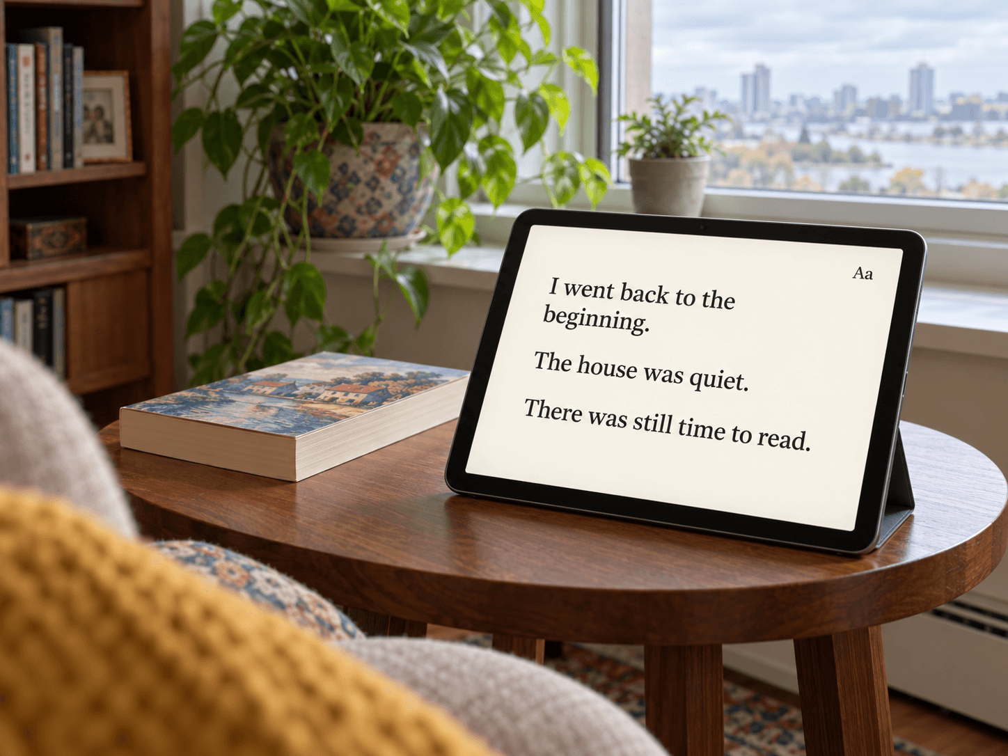 A tablet displaying large, comfortably spaced reading text beside a closed paperback on a plain desk.