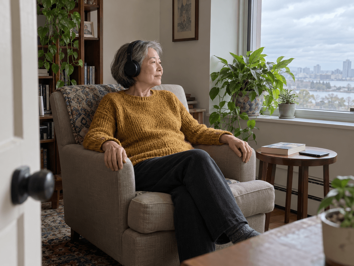 An older woman listening through over-ear headphones in an ordinary armchair, with a paperback on the side table.