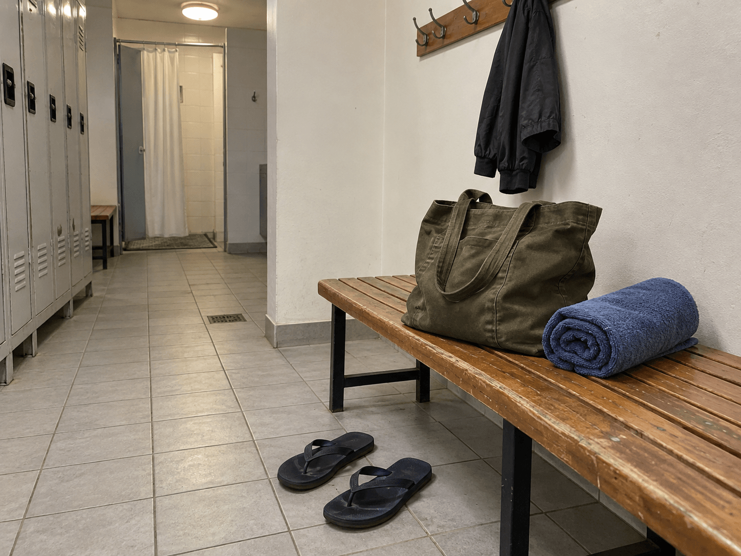 An olive tote, towel and dark flip-flops beside a changing-room bench.