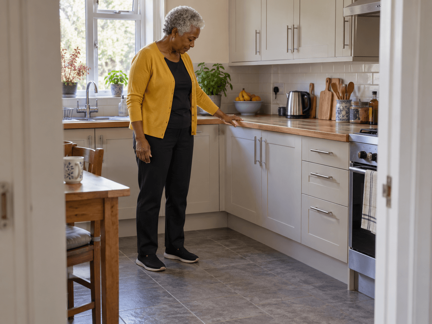 An older woman checking a clear space beside a sturdy kitchen counter before practising at home.