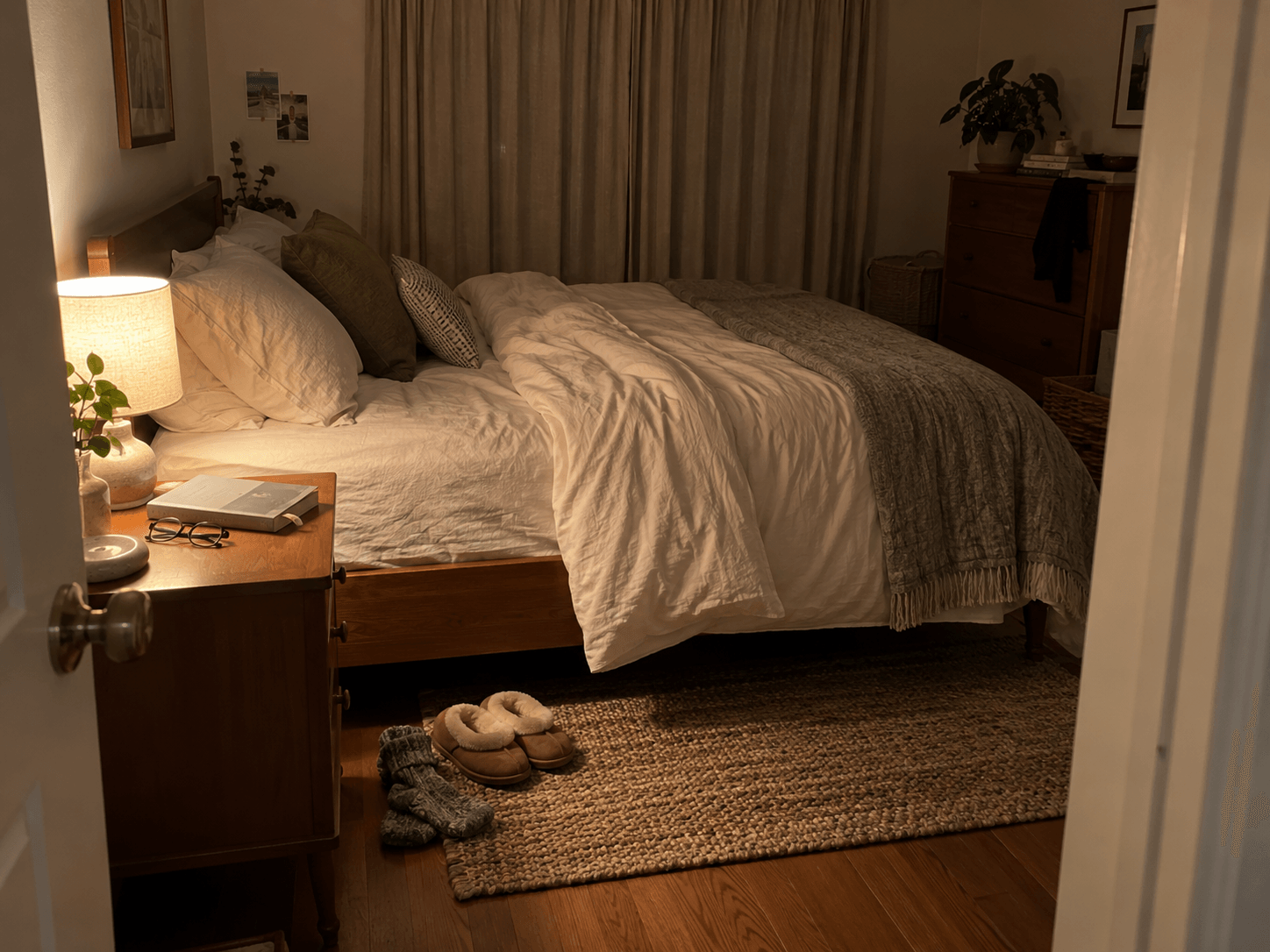 A bedside lamp, closed book and folded glasses beside a bed prepared for the evening.