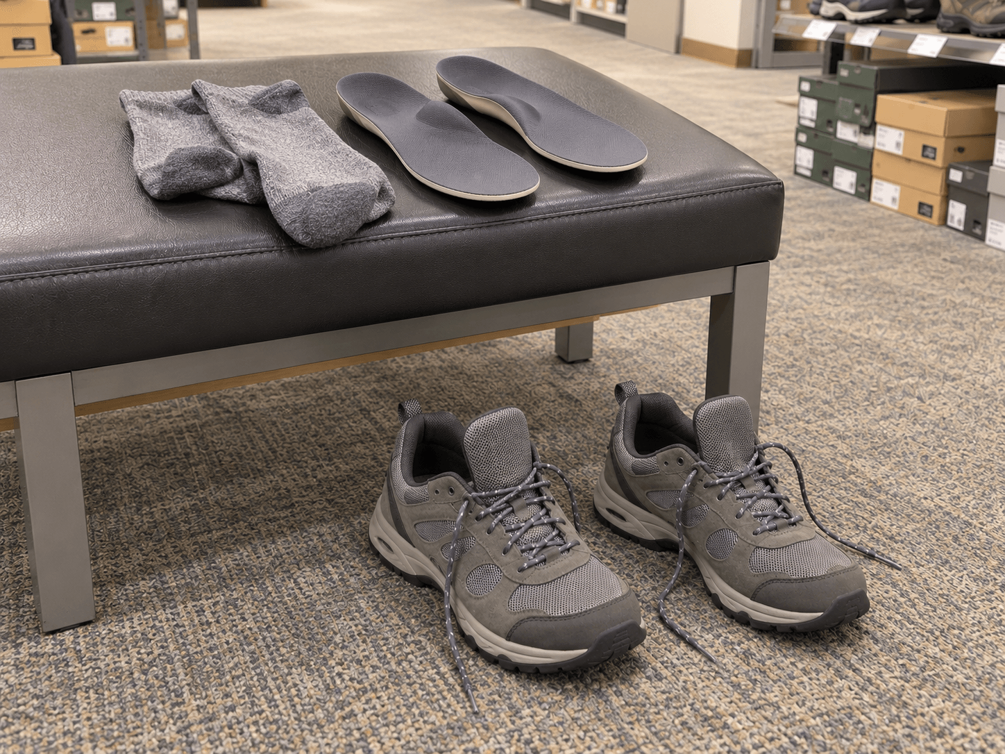 Two matching walking shoes open beside the socks and prescribed insoles being used for the fitting.