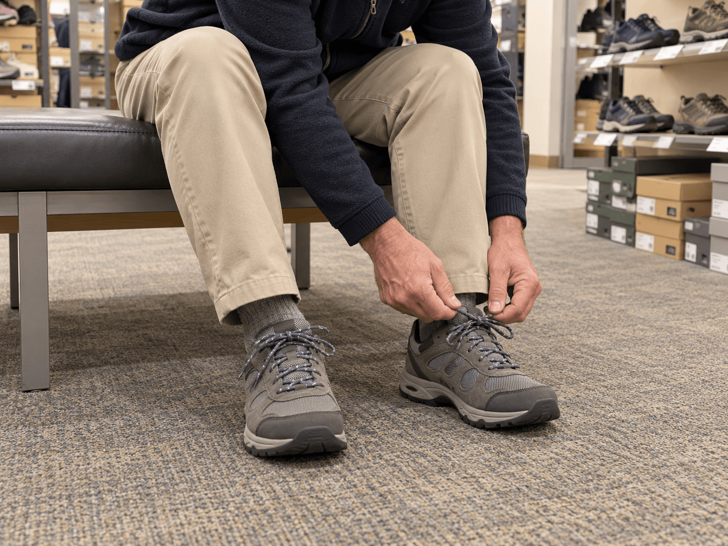 A shopper seated on a shoe-shop bench fastening a walking shoe while the matching shoe is already on the other foot.