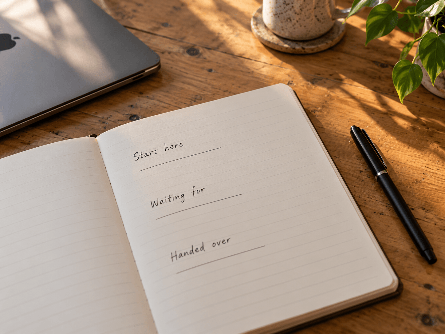 A notebook showing three short headings: Start here, Waiting for, and Handed over, beside a closed laptop.