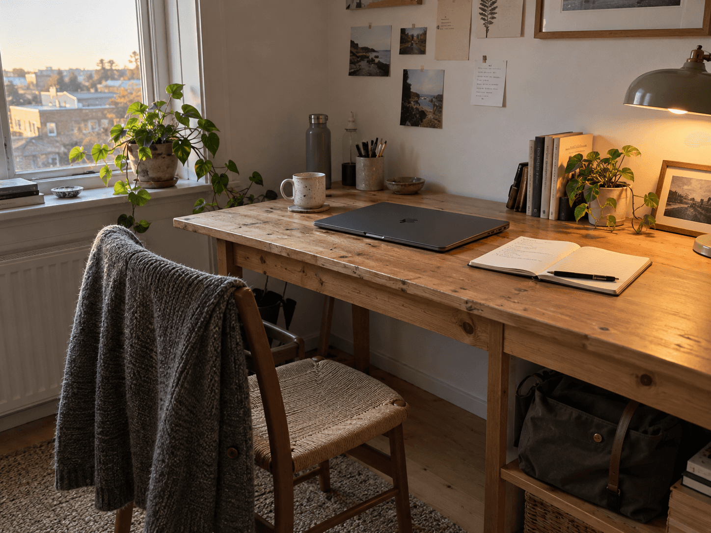 A closed laptop beside a notebook on a small home desk, with a pen resting across a short handwritten restart note.