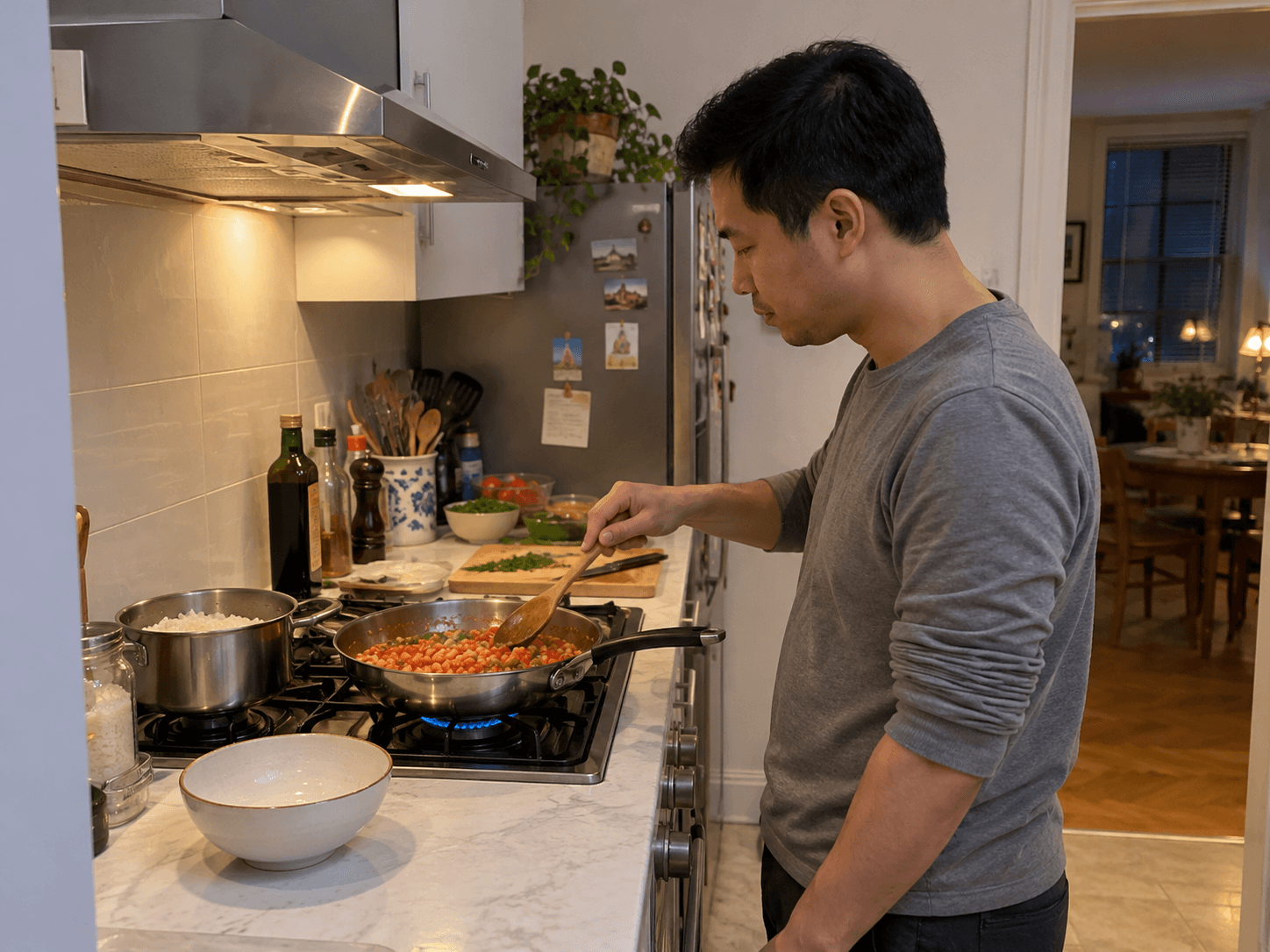 Minh at a small kitchen hob stirring a pan of chickpeas and tomatoes, with rice ready in a separate pot and a bowl on the counter.