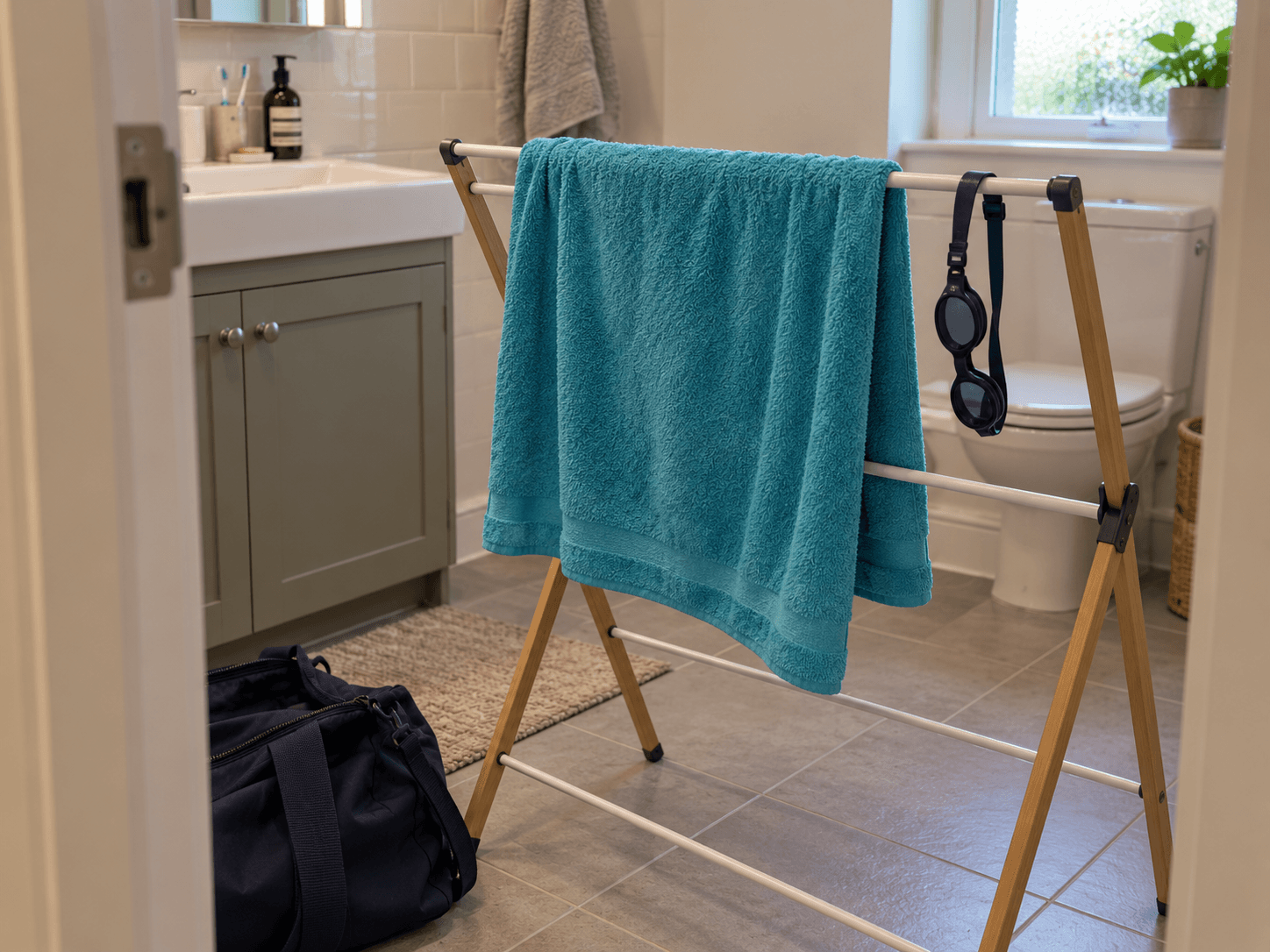 A used swim towel and goggles drying on a rack after the next ordinary pool visit.