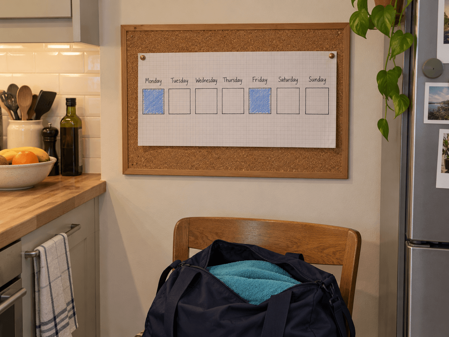A handwritten weekly calendar on a kitchen wall with Wednesday left unmarked, beside an ordinary swim bag on a chair.