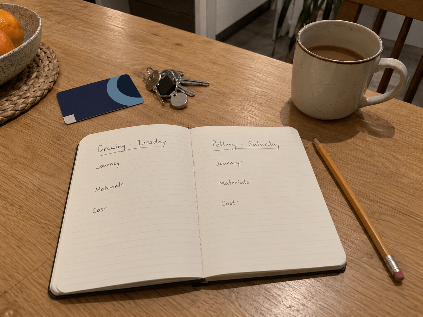 A notebook comparing drawing on Tuesday and pottery on Saturday, with space to check the journey, materials and cost.