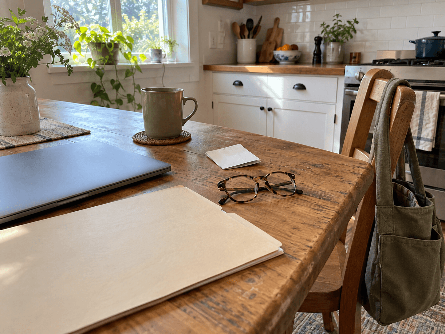 A face-down receipt, reading glasses and a folder on a kitchen table beside a closed laptop.