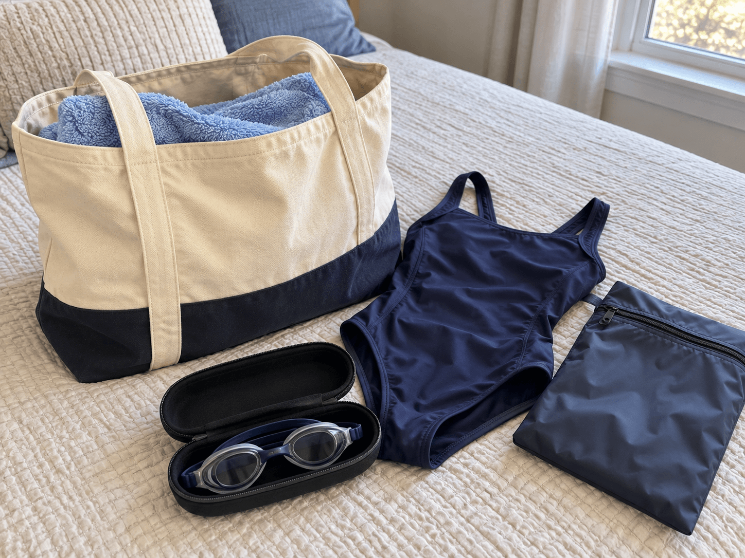 A towel, swimwear, goggles in a case and a separate wet bag laid beside an open sports bag at home.