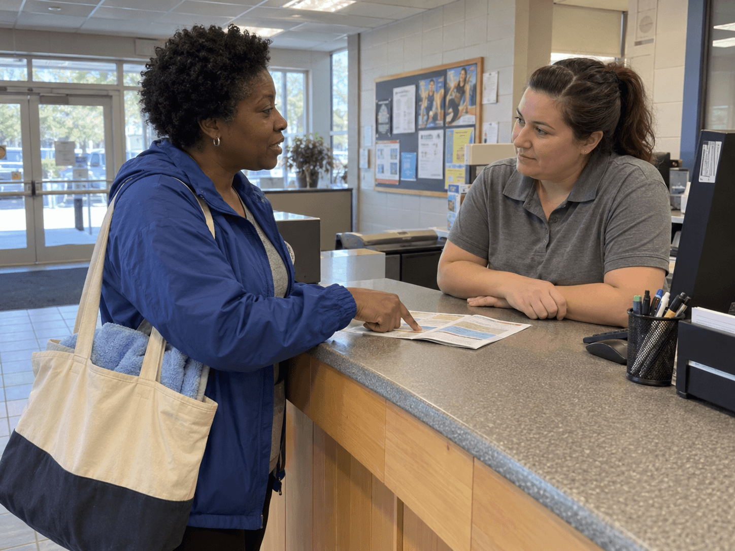 An adult woman with a towel bag speaking to a recreation-centre staff member at a dry reception desk.