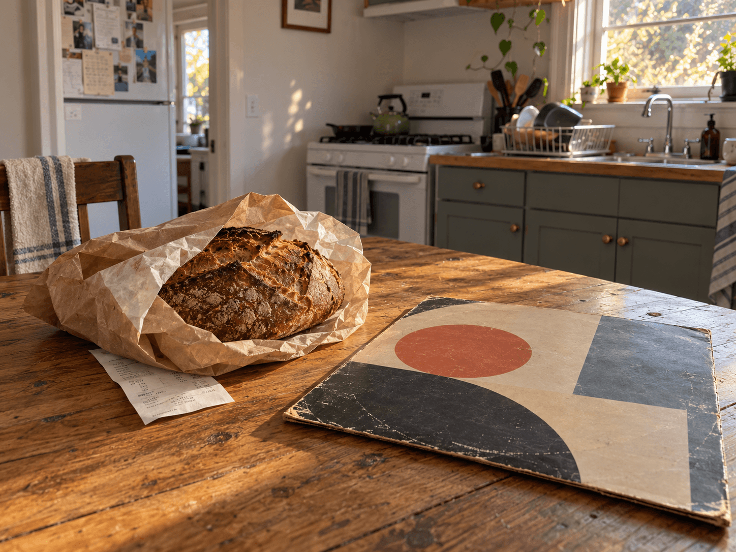 A paper-wrapped loaf of bread on Nico's kitchen table beside a record in a worn sleeve, photographed after the walk.