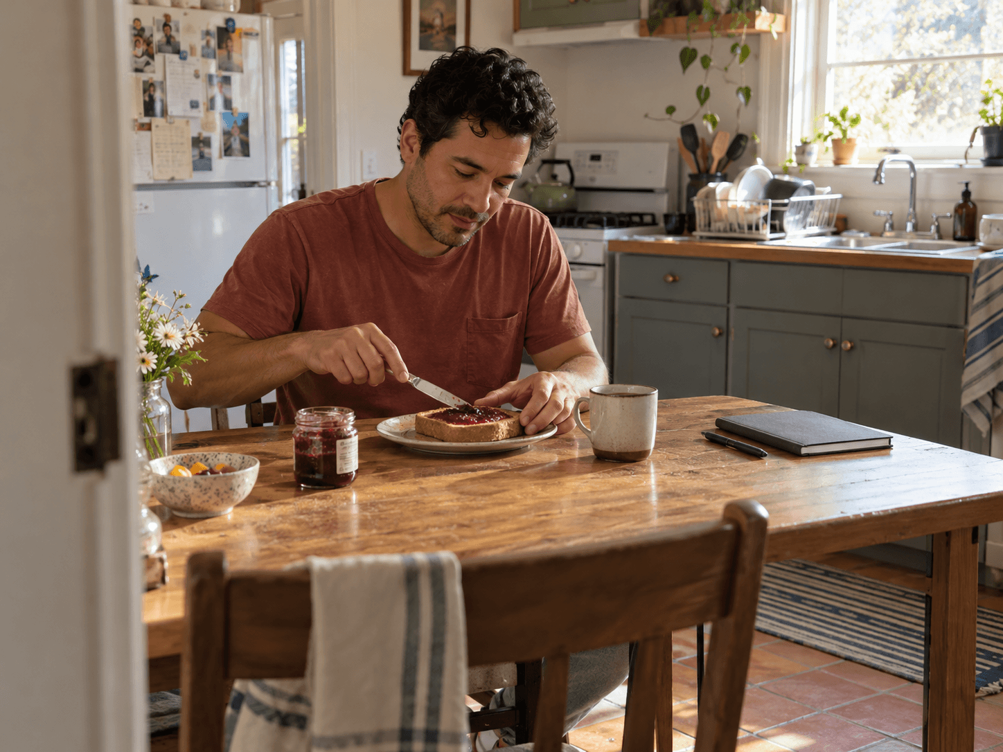 Nico in a faded rust T-shirt at a kitchen table in morning light, spreading jam on toast with a closed notebook pushed to the far side.