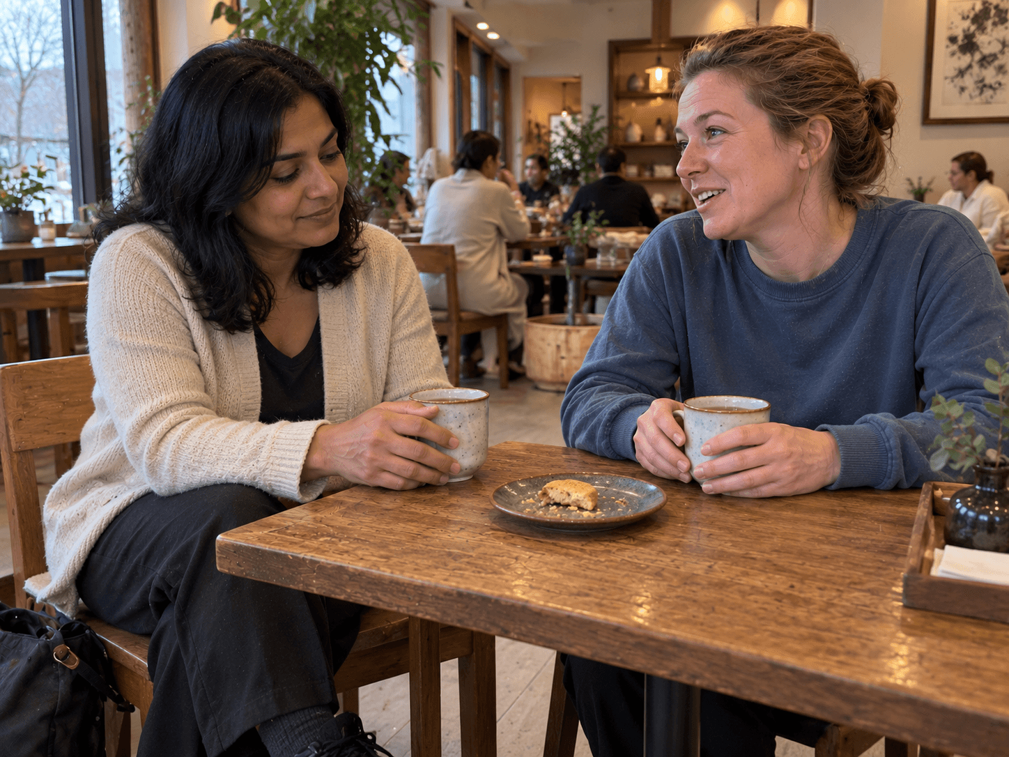 Anika and Leah talking over tea and a broken biscuit after taking different-length breaks.