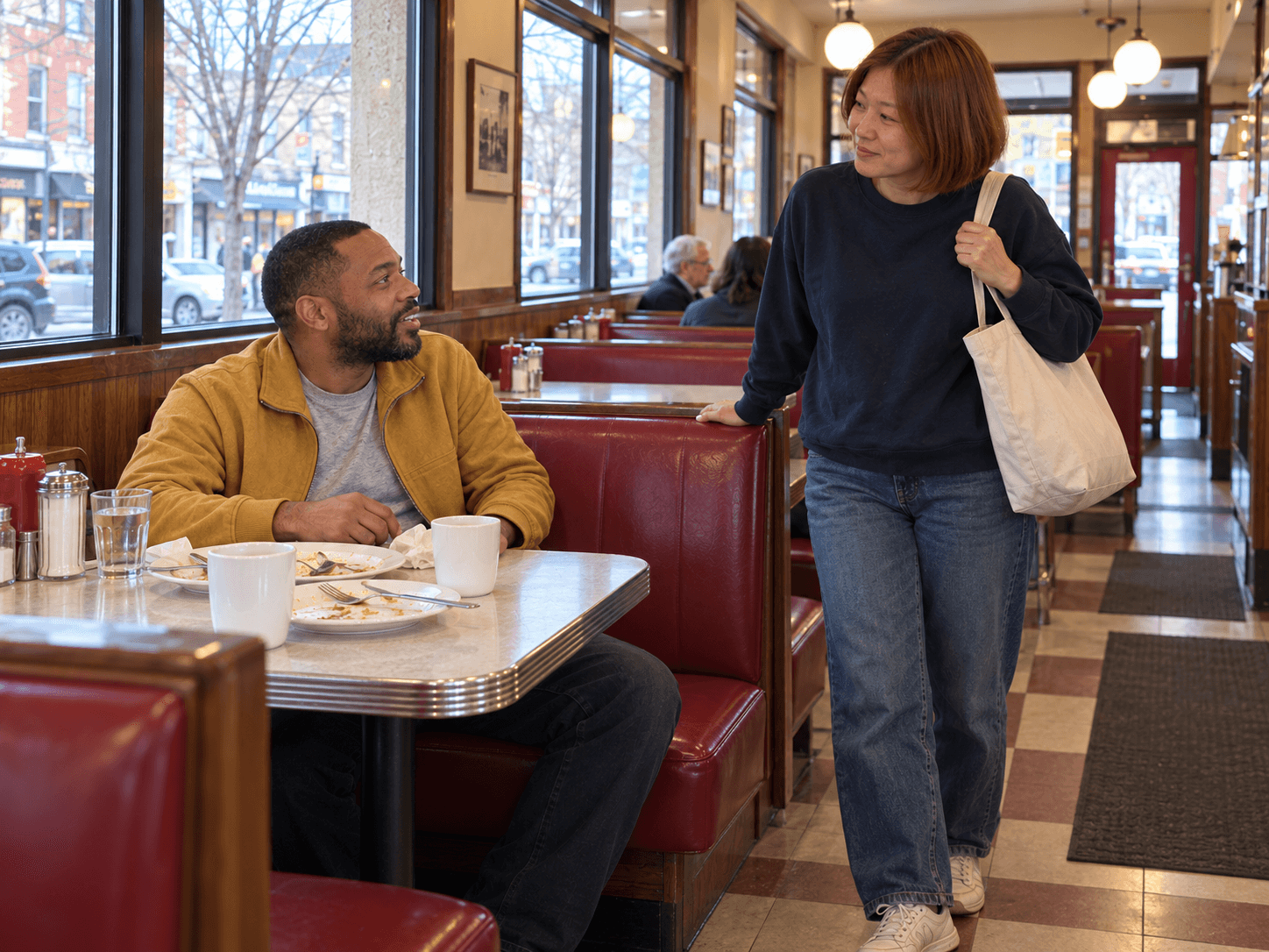 A woman lifting her work bag onto her shoulder beside a diner booth while her friend stays seated.