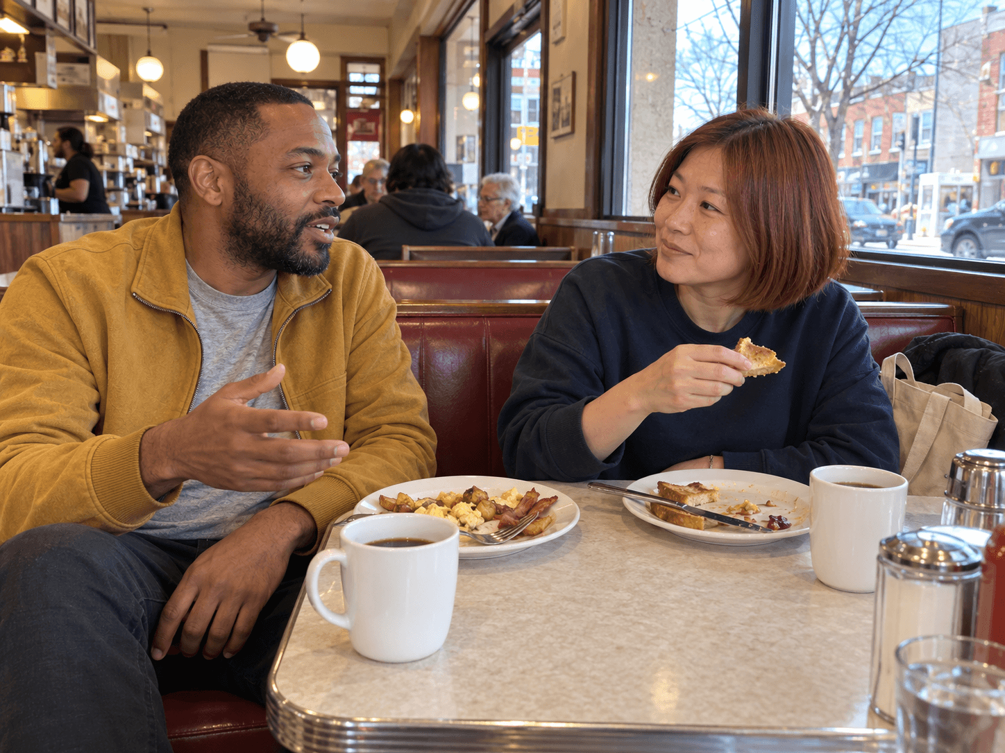 Two friends talking over a late breakfast at a neighbourhood diner, one with a work bag beside the booth.