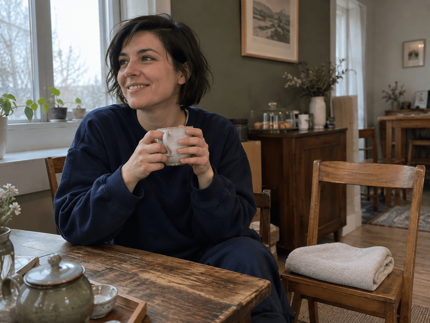 A woman holding tea in a simple lounge after a visit.