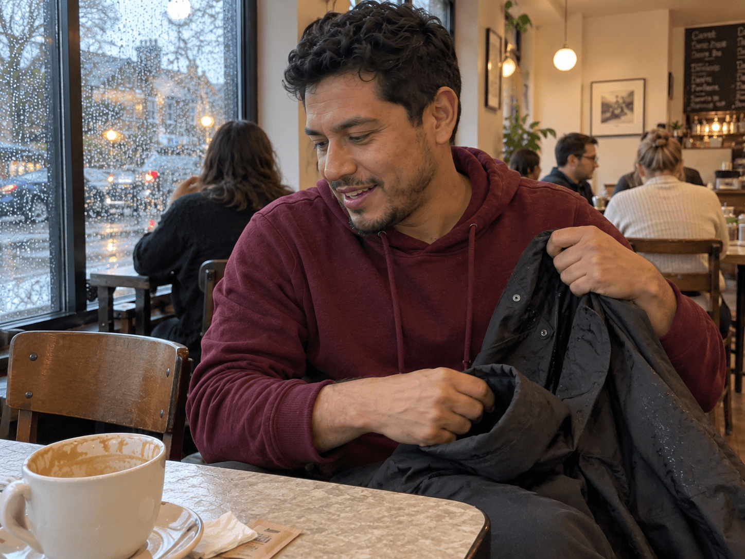 Mateo gathering his raincoat beside a half-finished coffee, photographed by Eli from across the table.