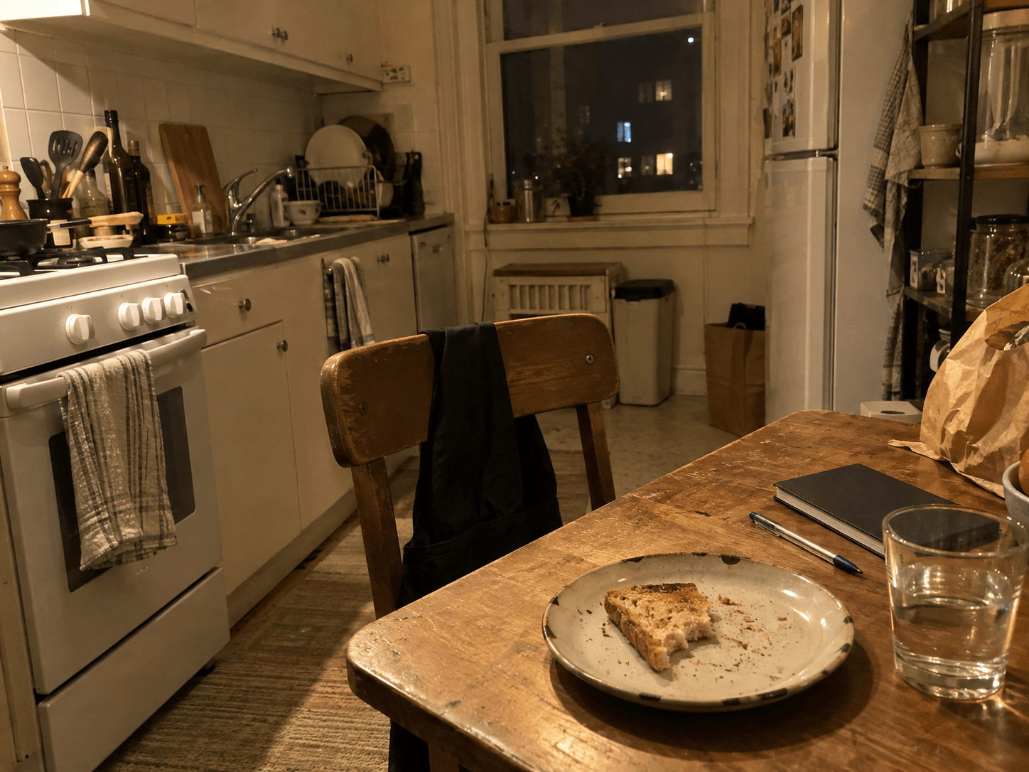 A black restaurant apron over a kitchen chair beside toast, water and a closed notebook at night.