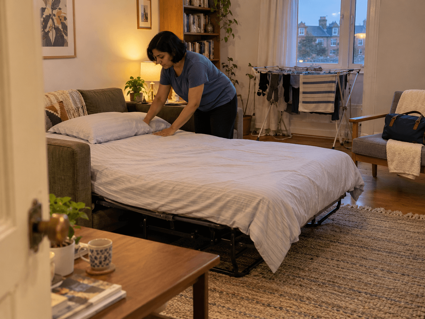 Kiran making up a sofa bed in a small living room, with an ordinary clothes-drying rack against the far wall and a clear route through the room.