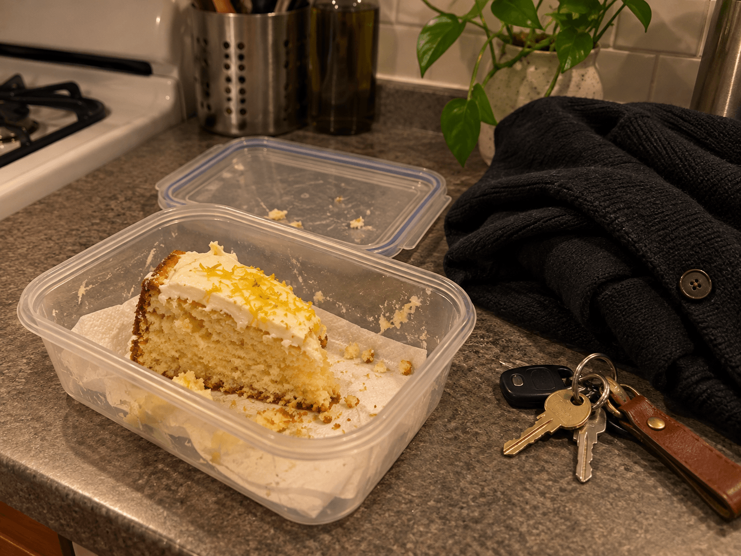 A small slice of homemade cake in a reused food container beside Imani's keys on her kitchen counter.