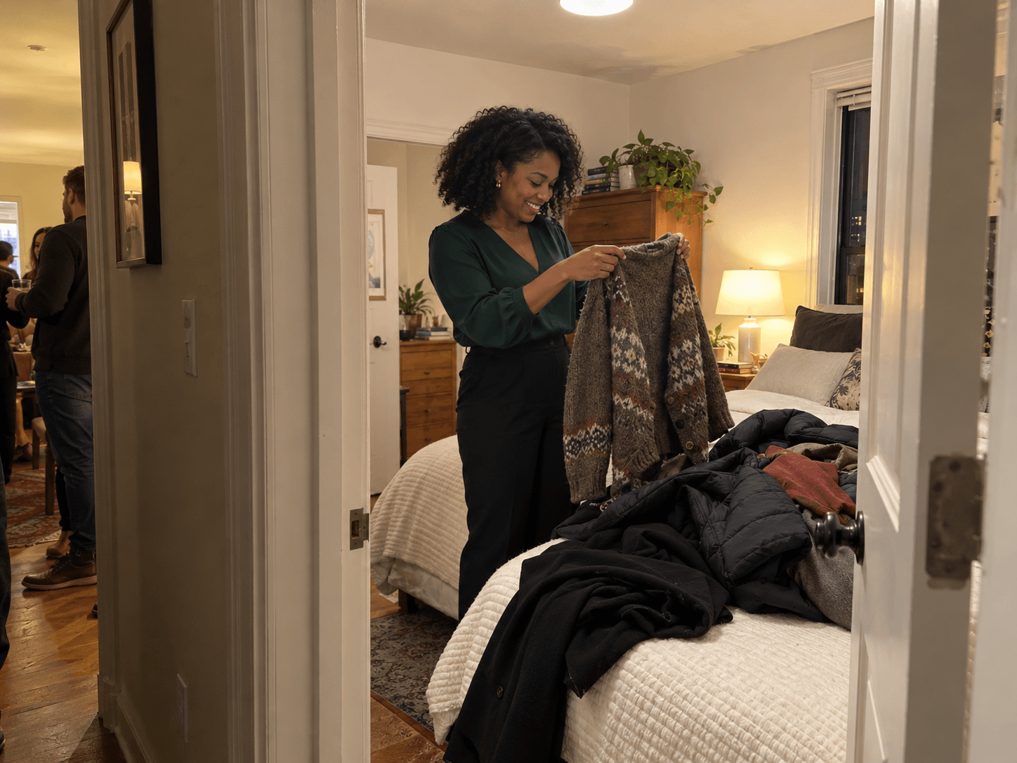 Imani finding her dark coat among jackets on a bed during a small apartment party.