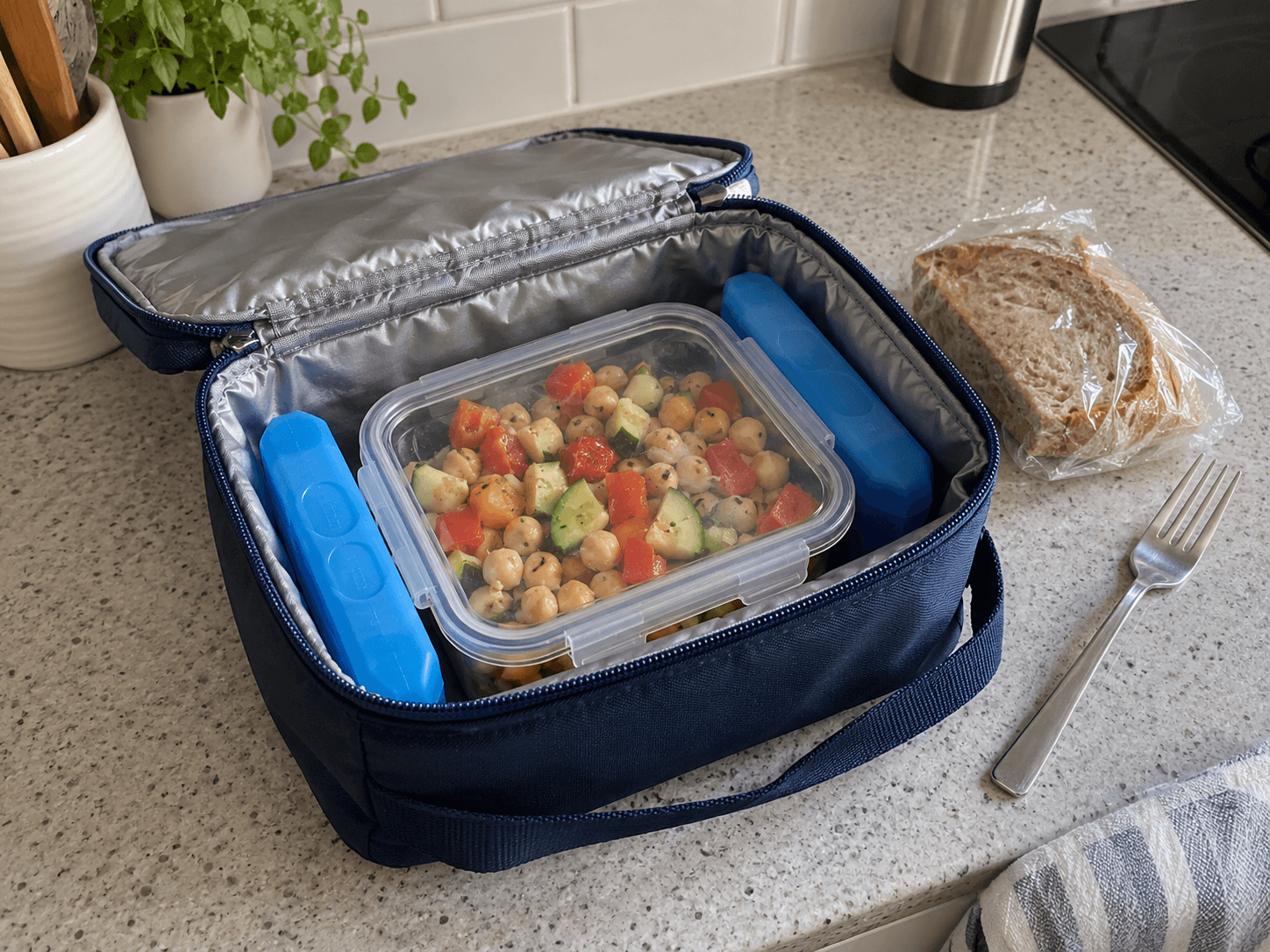 An insulated navy lunch bag open on a kitchen counter, holding a closed chickpea salad container and two frozen ice packs, with bread and a fork beside it.