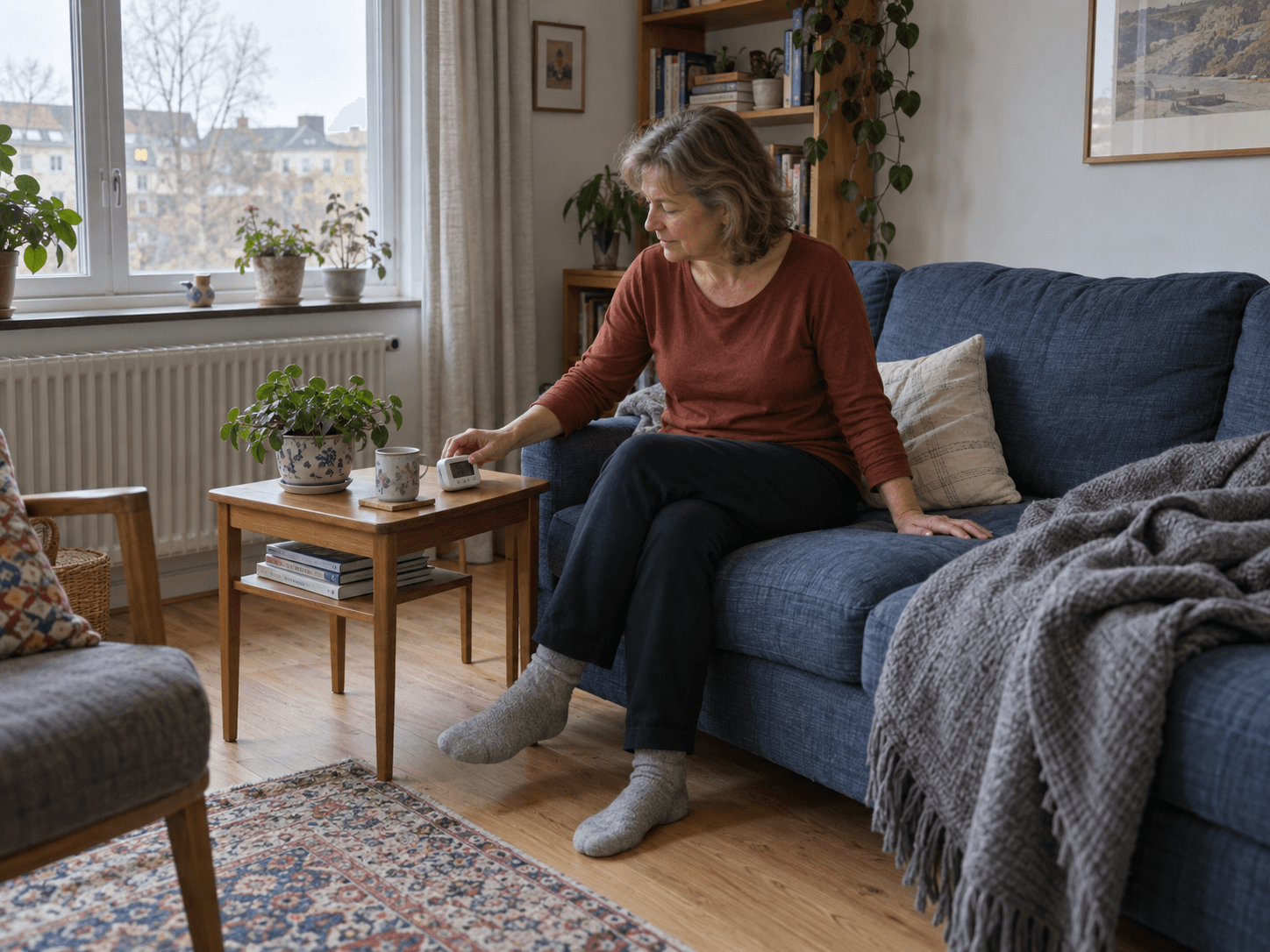 A woman on a blue sofa setting a small timer on a side table, with a blanket and pillow beside her in daylight.